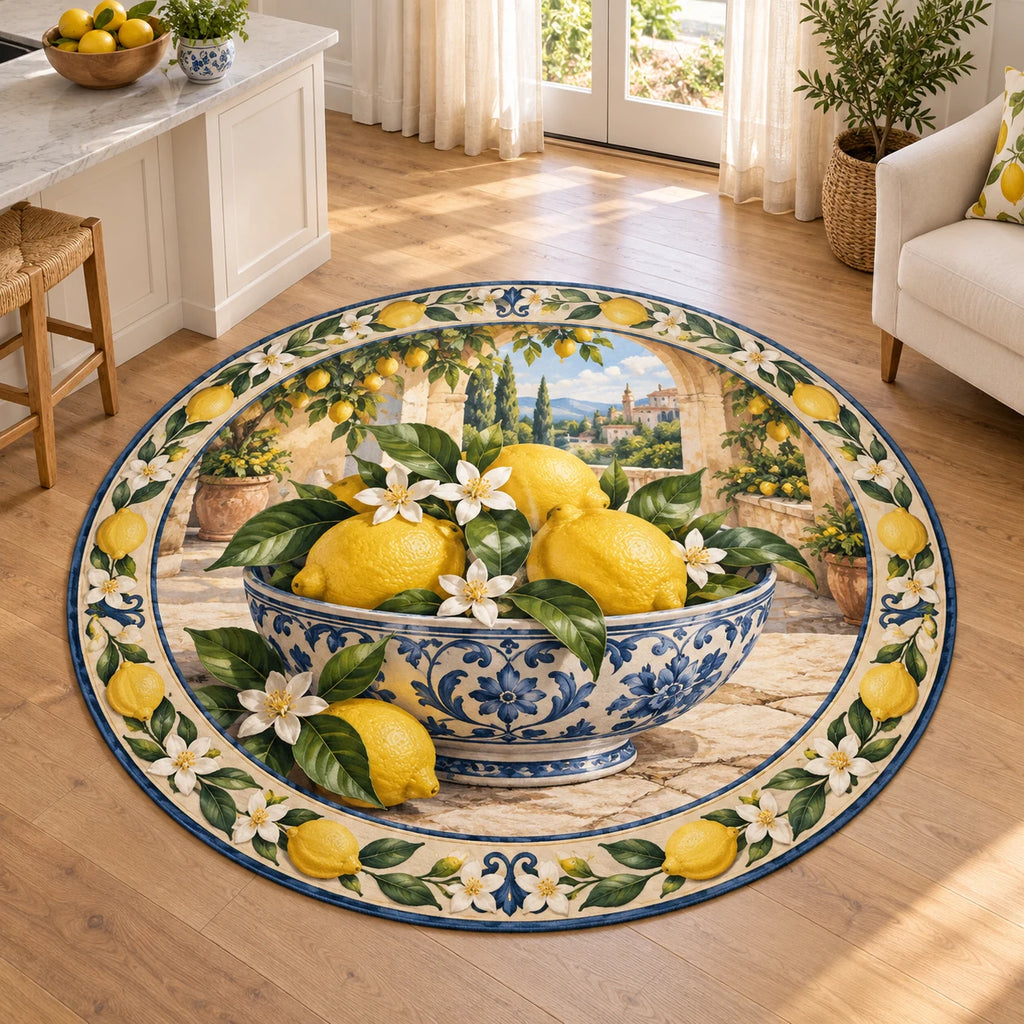 Round rug with yellow lemons in a blue-white bowl, citrus blossom border and sunny courtyard artwork.