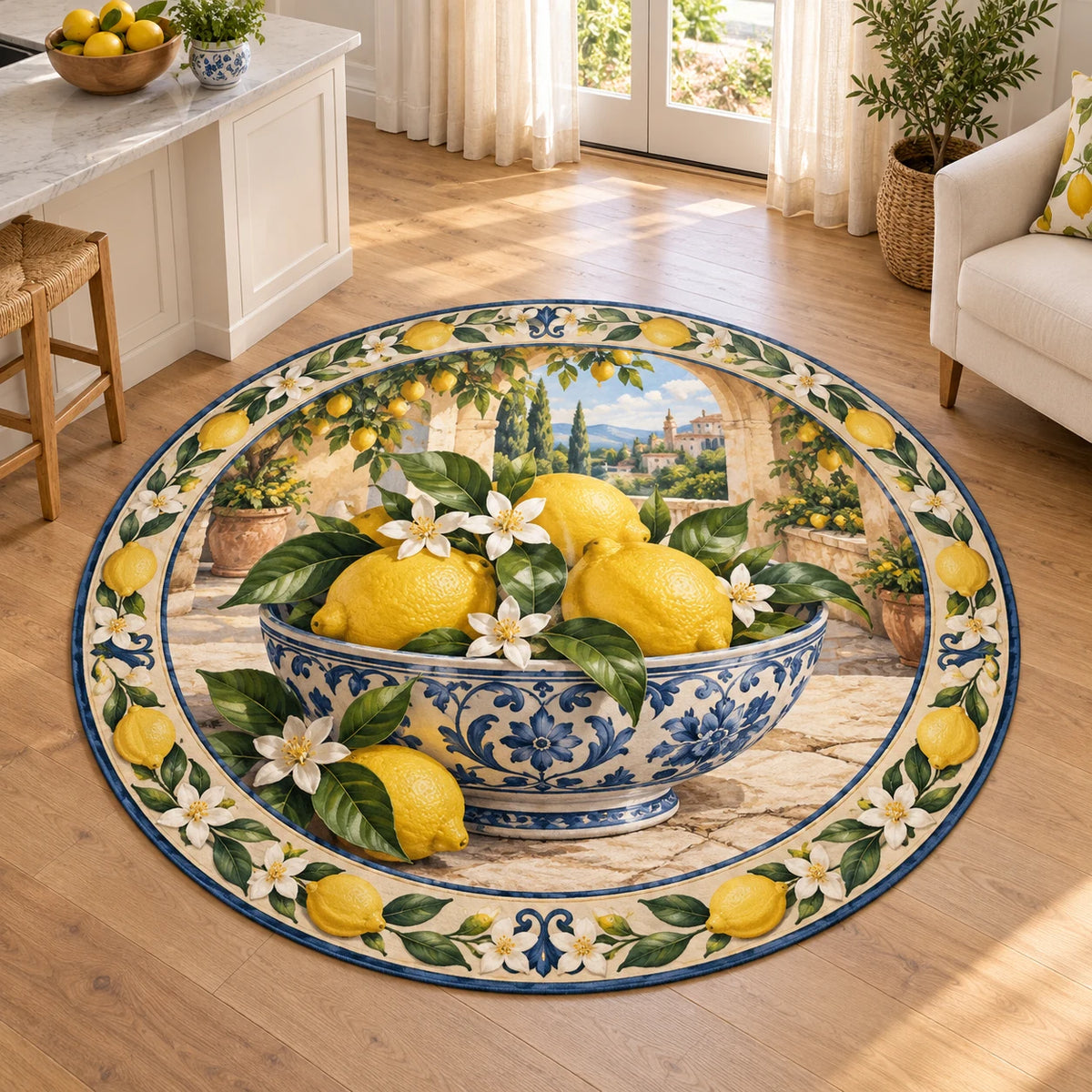 Round rug with yellow lemons in a blue-white bowl, citrus blossom border and sunny courtyard artwork.