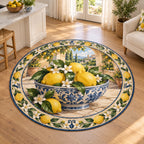 Round rug with yellow lemons in a blue-white bowl, citrus blossom border and sunny courtyard artwork.
