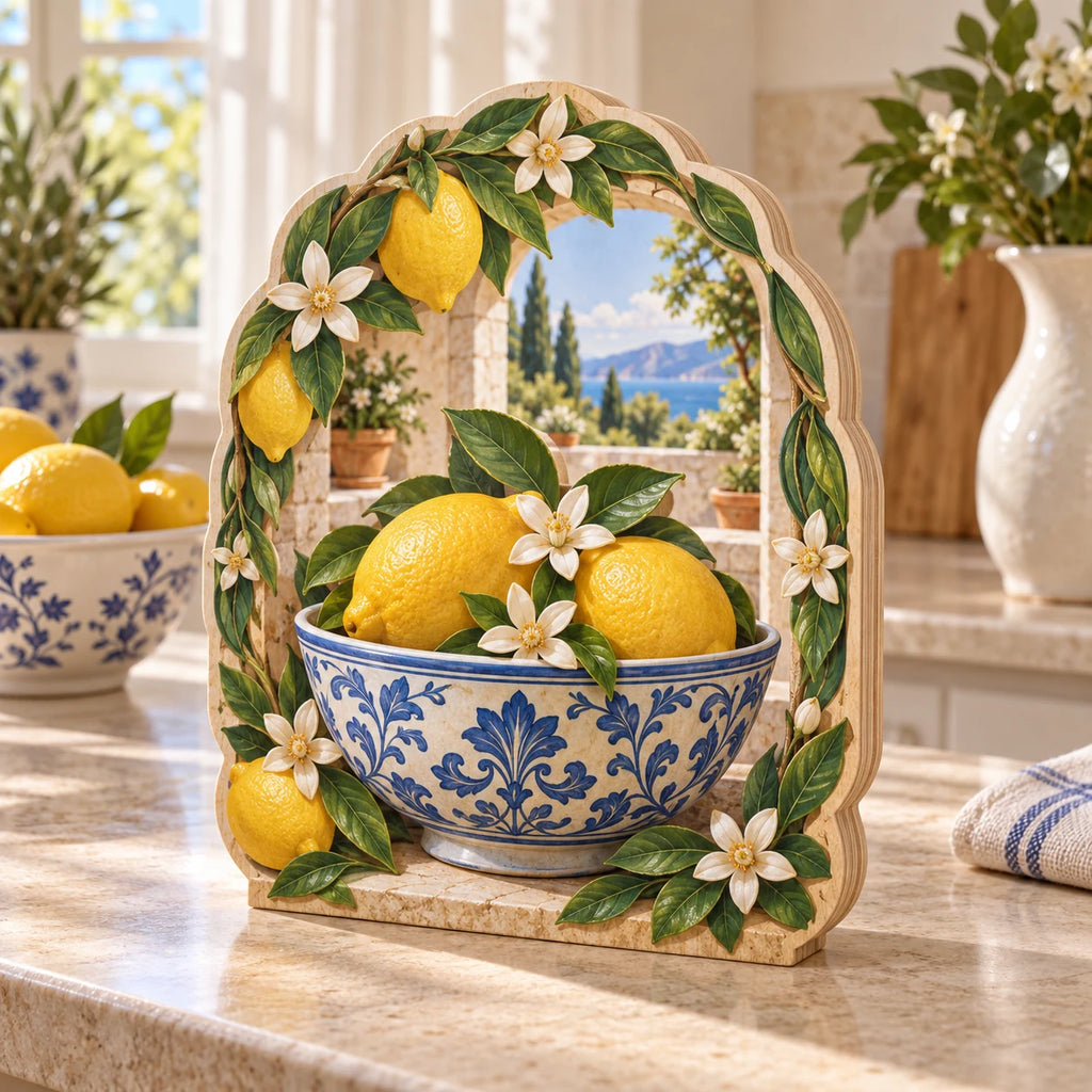 Three-layer wooden block with lemons in a blue-white bowl and a leafy citrus courtyard arch.