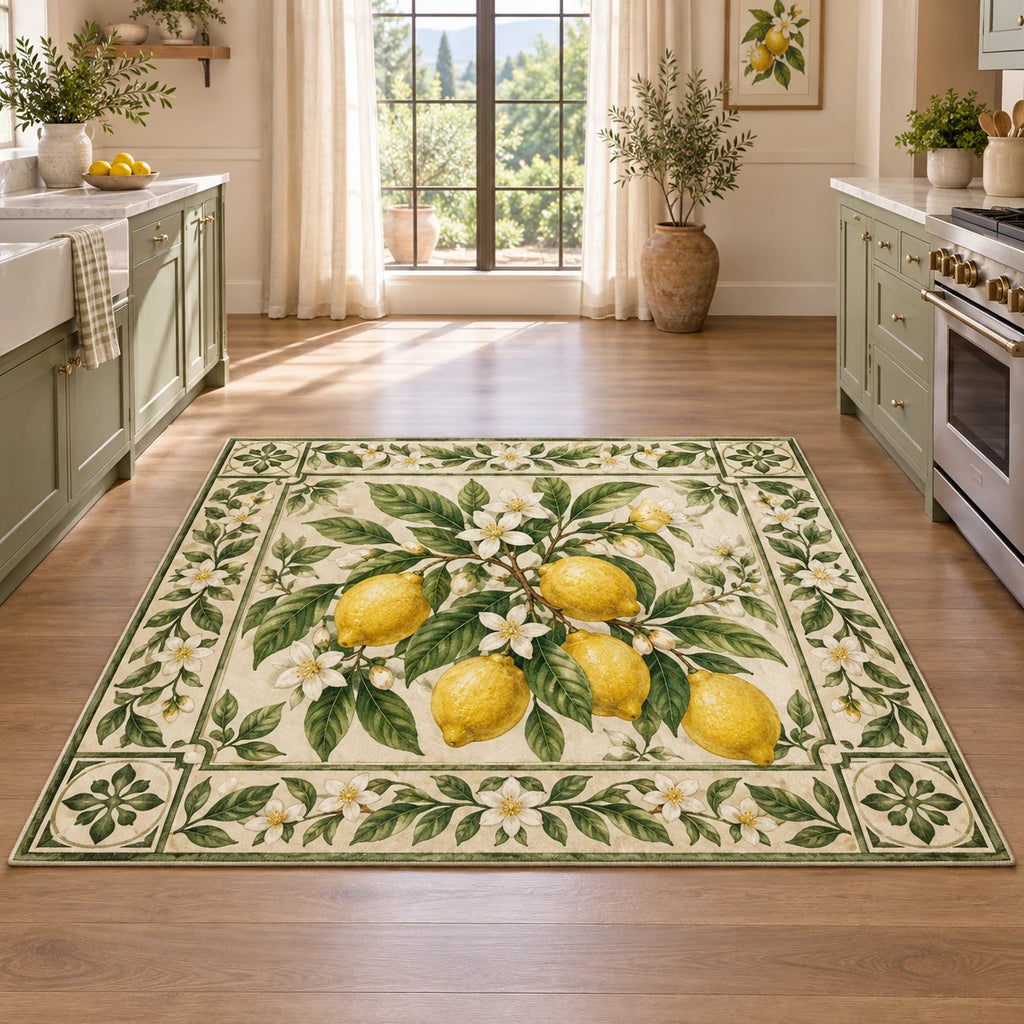 Area Rug with printed yellow lemons, white blossoms and green botanical garden-tile motifs in a bright kitchen