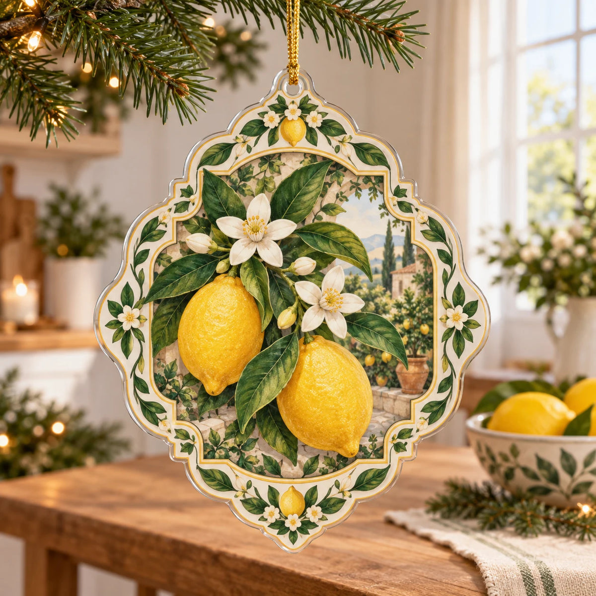 Christmas Ornament with printed yellow lemons, white blossoms and green botanical garden-tile motifs in a bright kitchen
