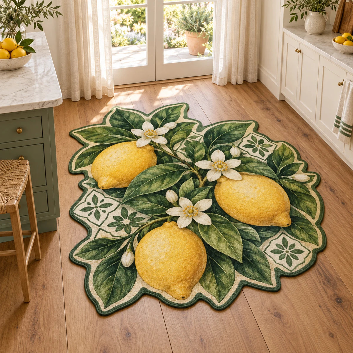 Custom Shape Area Rug with printed yellow lemons, white blossoms and green botanical garden-tile motifs in a bright kitchen