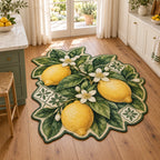 Custom Shape Area Rug with printed yellow lemons, white blossoms and green botanical garden-tile motifs in a bright kitchen