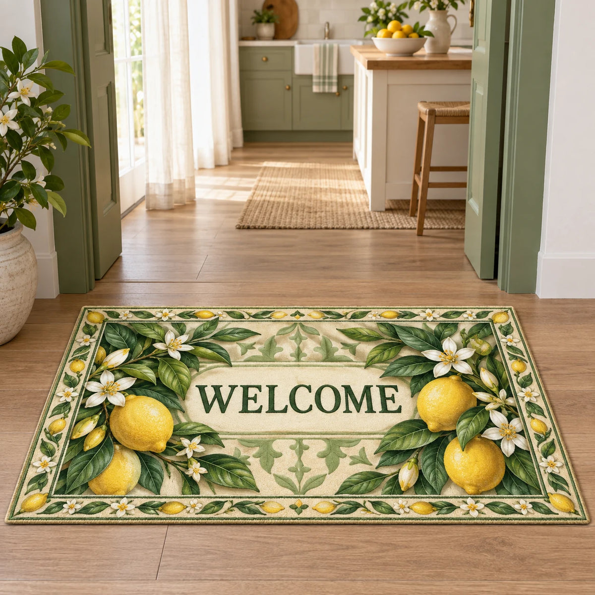 Doormat with printed yellow lemons, white blossoms and green botanical garden-tile motifs in a bright kitchen