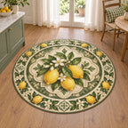 Round Mat Rug with printed yellow lemons, white blossoms and green botanical garden-tile motifs in a bright kitchen
