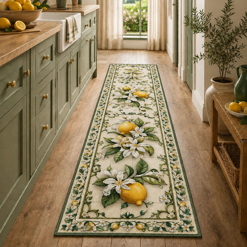 Lemon Garden Tile Runner Rug with an original printed 3D effect in a matching room setting
