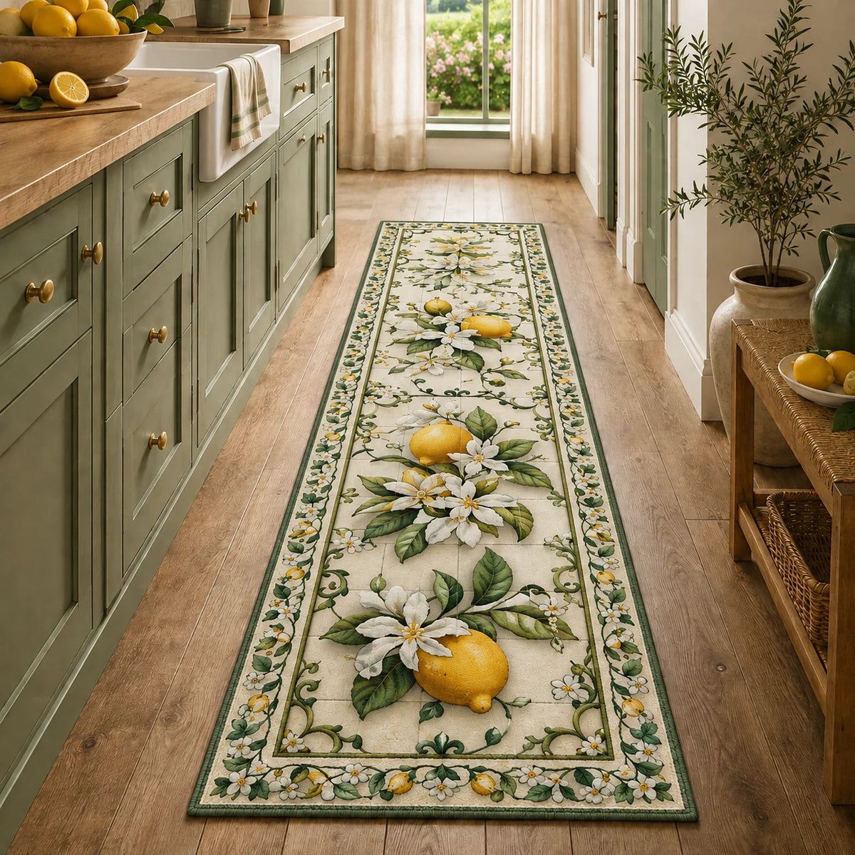 Lemon Garden Tile Runner Rug with an original printed 3D effect in a matching room setting