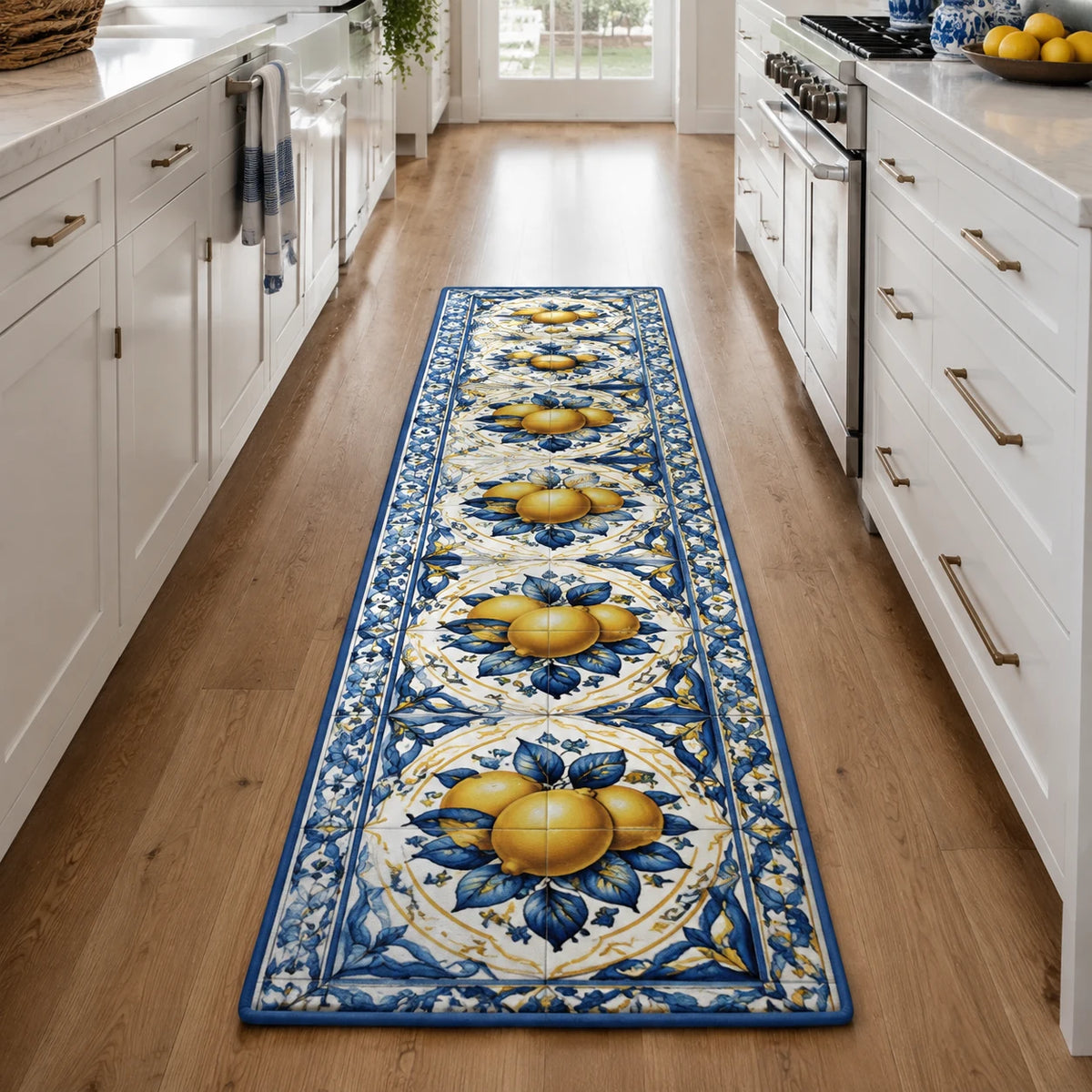 Lemon Grove Tile Path runner rug with a dimensional printed design in a lemon kitchen setting