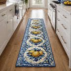Lemon Grove Tile Path runner rug with a dimensional printed design in a lemon kitchen setting