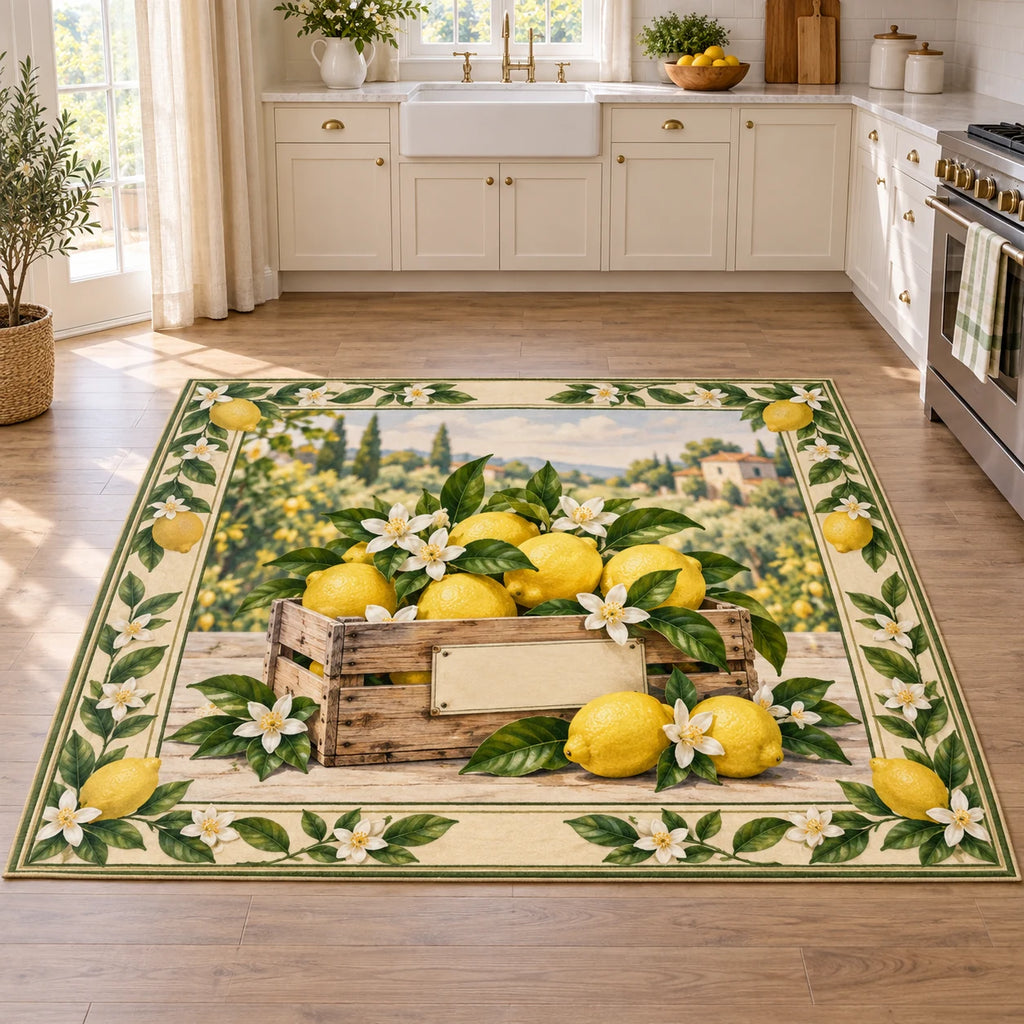 Lemon Market Crate Area Rug with printed 3D depth, yellow lemons, a blank-label crate and white blossom border in a bright kitchen.