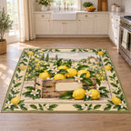 Lemon Market Crate Area Rug with printed 3D depth, yellow lemons, a blank-label crate and white blossom border in a bright kitchen.