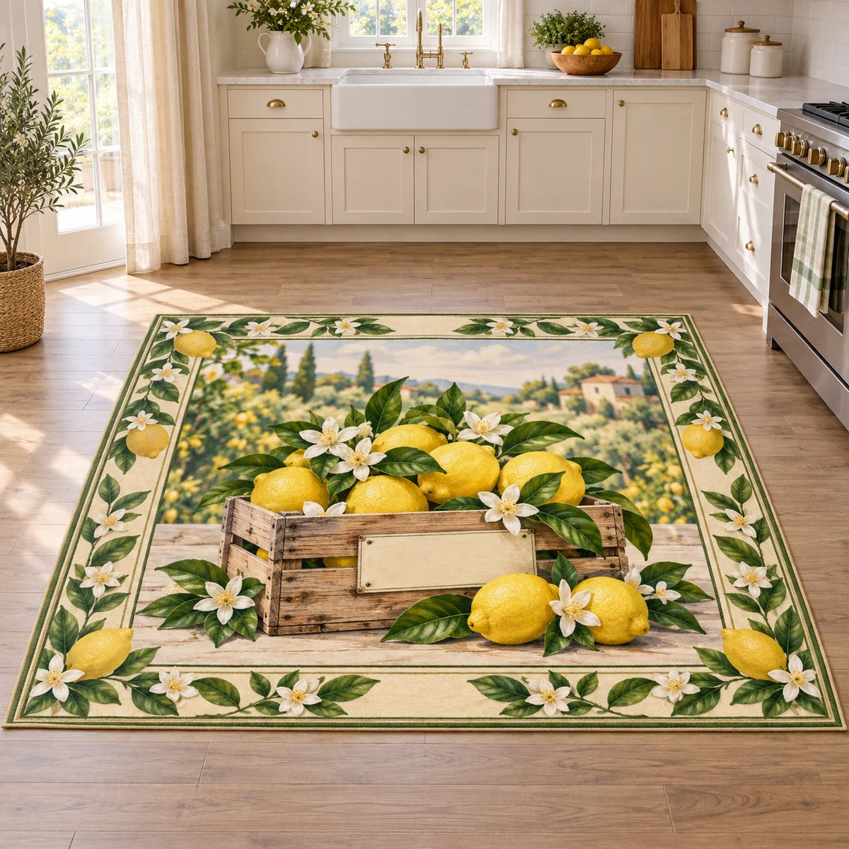 Lemon Market Crate Area Rug with printed 3D depth, yellow lemons, a blank-label crate and white blossom border in a bright kitchen.