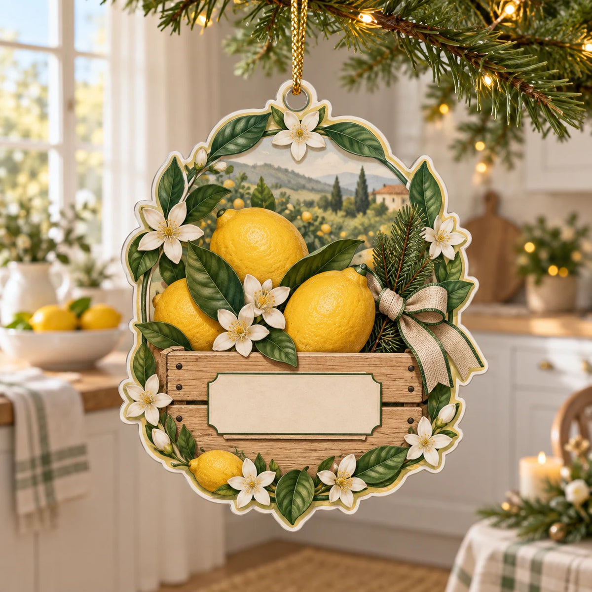 Lemon Market Crate Christmas Ornament with yellow lemons, a blank-label crate and white blossoms in a bright kitchen.
