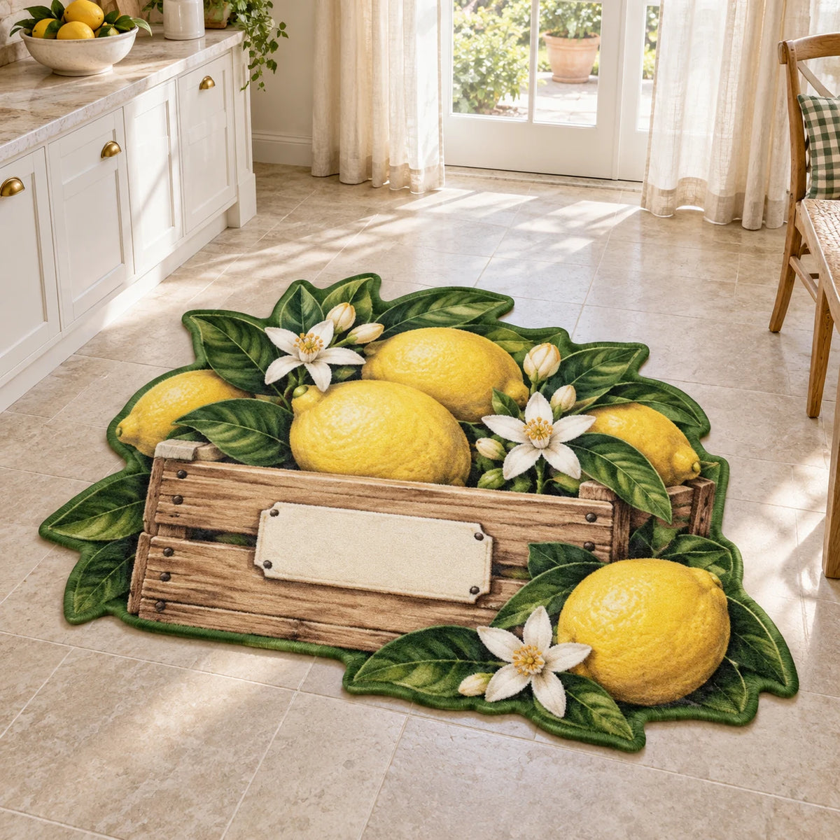 Lemon Market Crate Custom Shape Area Rug with yellow lemons, a blank-label crate and white blossoms in a bright kitchen.