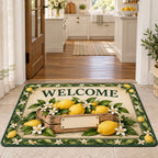 Lemon Market Crate Doormat with yellow lemons, a blank-label crate and white blossoms in a bright kitchen.