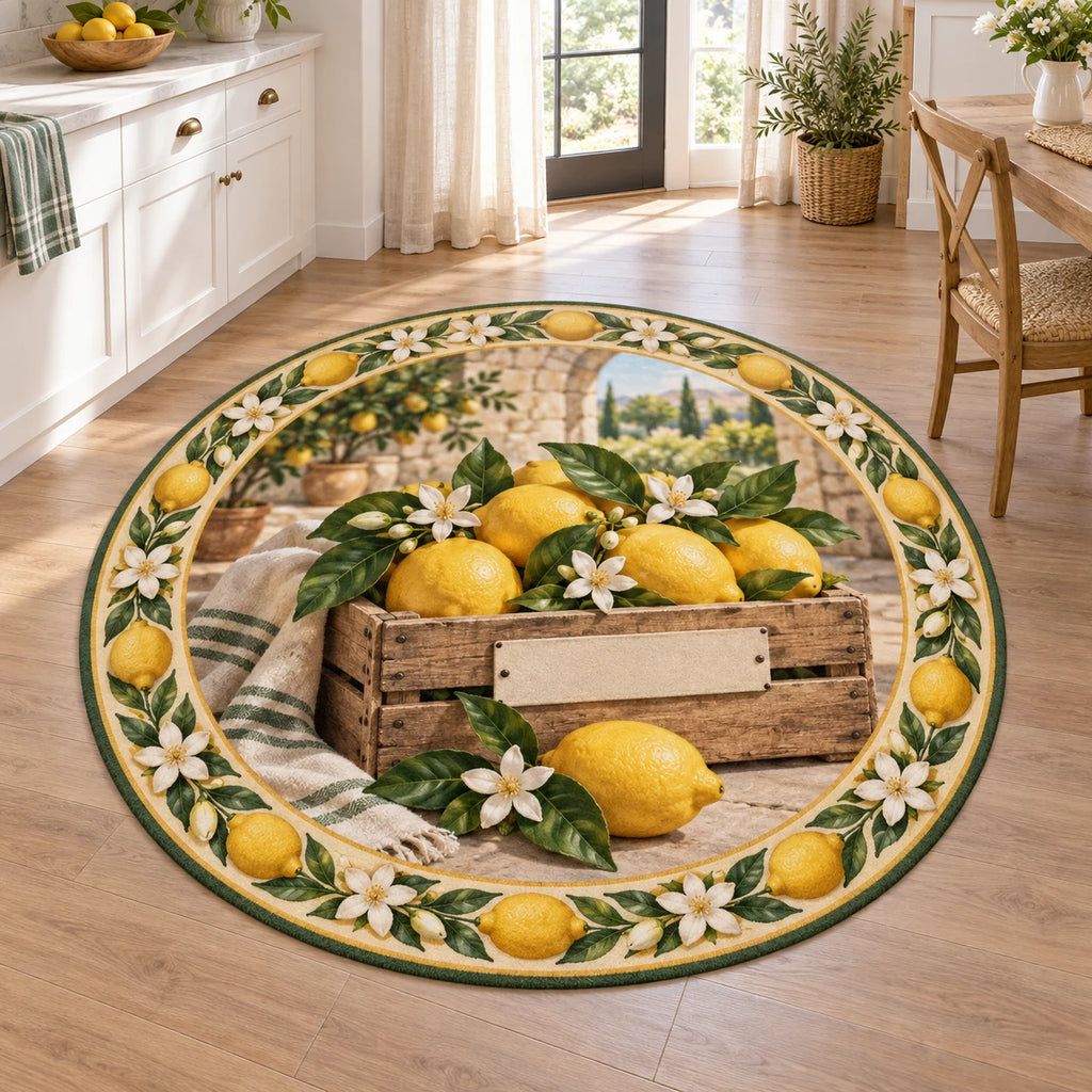 Lemon Market Crate Round Mat Rug with printed 3D depth, yellow lemons, a blank-label crate and white blossom border in a bright kitchen.