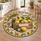 Lemon Market Crate Round Mat Rug with printed 3D depth, yellow lemons, a blank-label crate and white blossom border in a bright kitchen.
