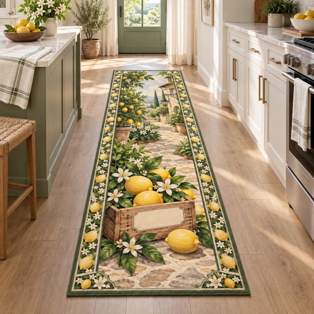 Lemon Market Crate Runner Rug with printed 3D depth, yellow lemons, a blank-label crate and white blossom border in a bright kitchen.