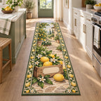 Lemon Market Crate Runner Rug with printed 3D depth, yellow lemons, a blank-label crate and white blossom border in a bright kitchen.