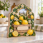 Lemon Market Crate Wooden Block 3 Layer with yellow lemons, a blank-label crate and white blossoms in a bright kitchen.