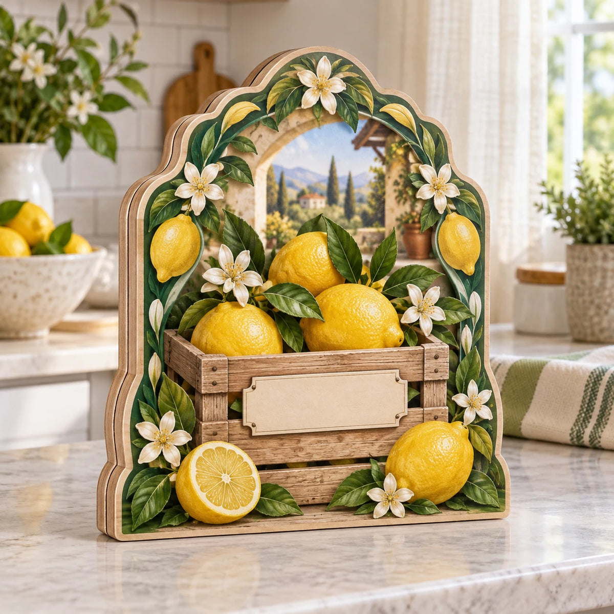 Lemon Market Crate Wooden Block 3 Layer with yellow lemons, a blank-label crate and white blossoms in a bright kitchen.