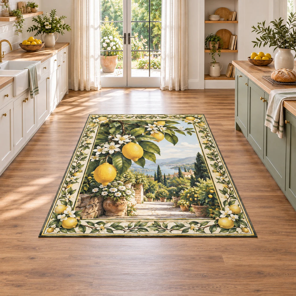 Lemon Orchard Area Rug with dimensional printed artwork in a coordinated home setting