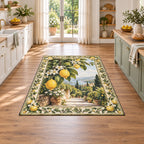 Lemon Orchard Area Rug with dimensional printed artwork in a coordinated home setting