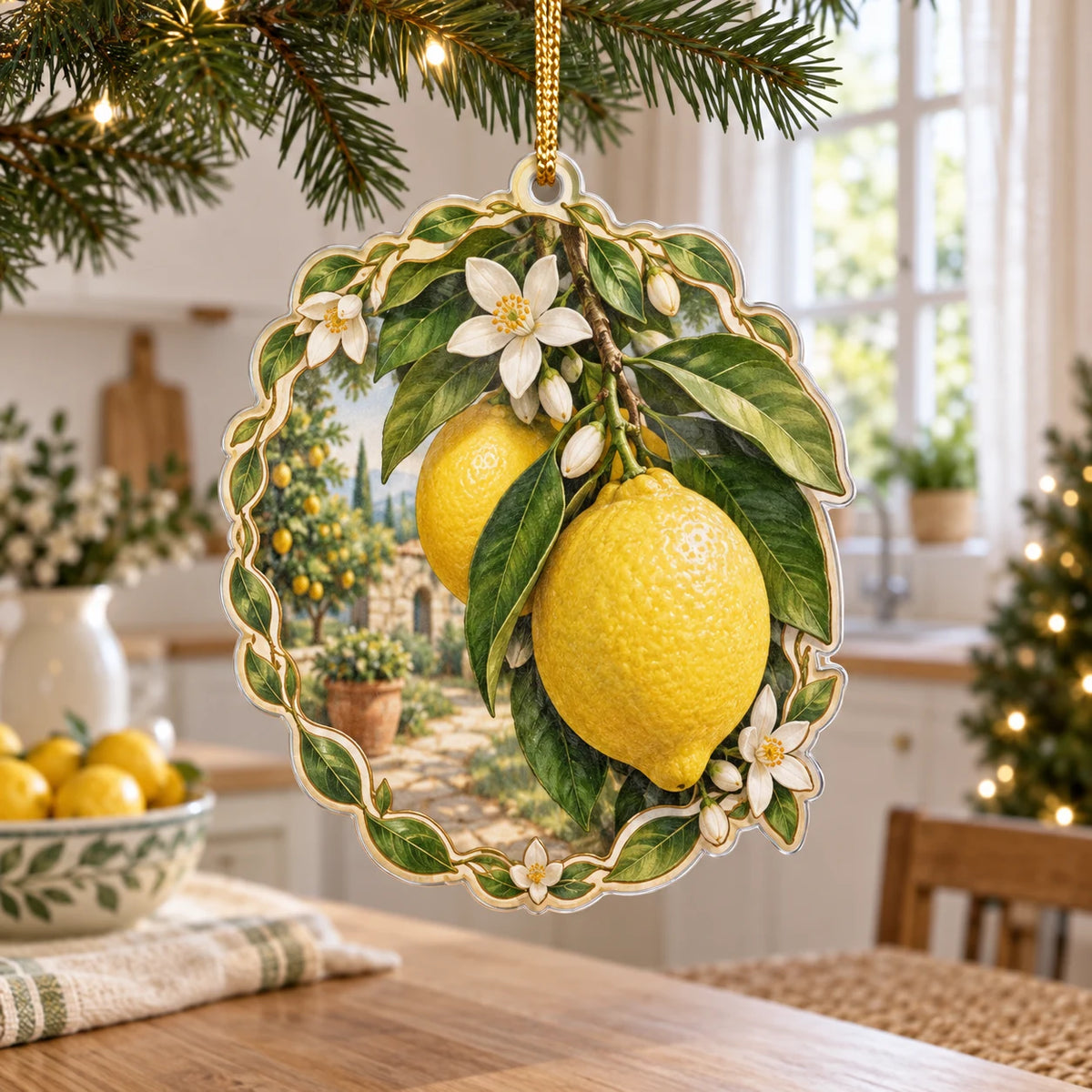 Lemon Orchard Christmas Ornament with dimensional printed artwork in a coordinated home setting