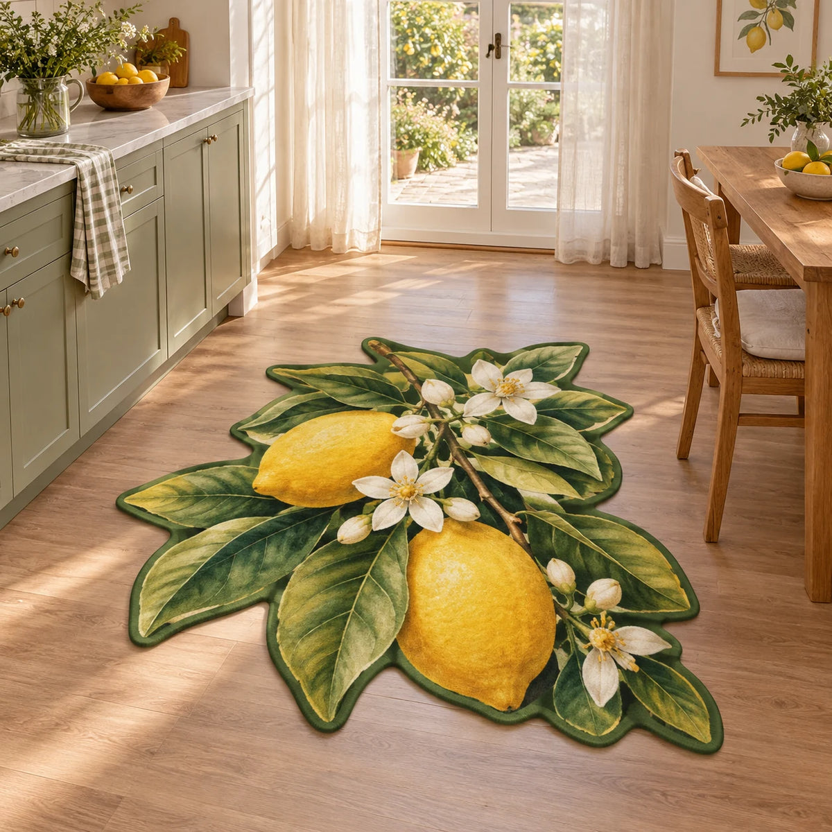 Lemon Branch Custom Shape Area Rug with dimensional printed artwork in a coordinated home setting