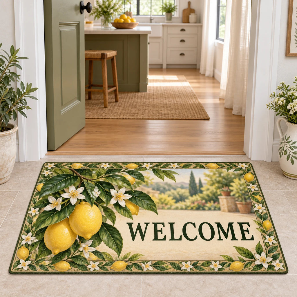 Lemon Orchard Welcome Doormat with dimensional printed artwork in a coordinated home setting