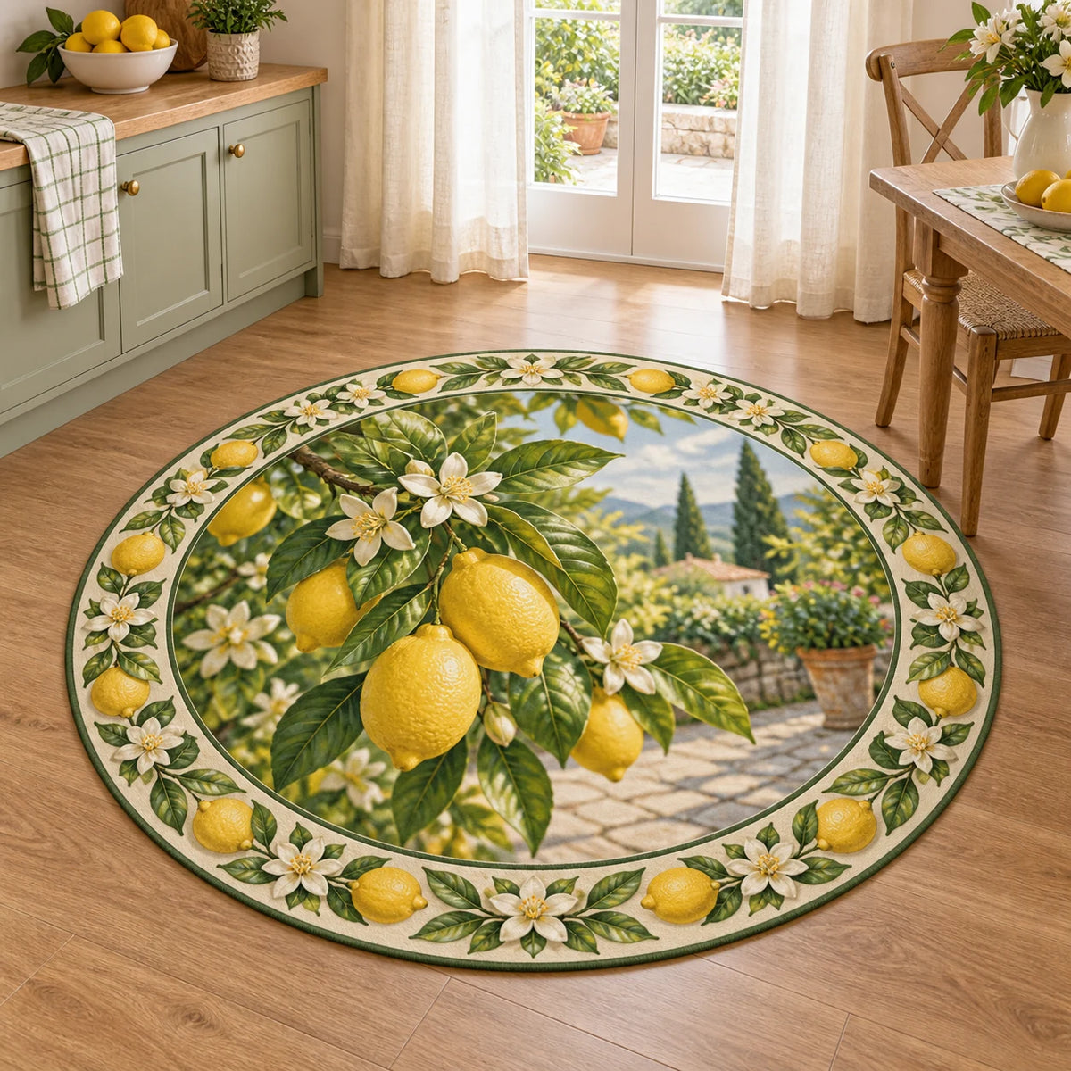 Lemon Orchard Round Mat Rug with dimensional printed artwork in a coordinated home setting