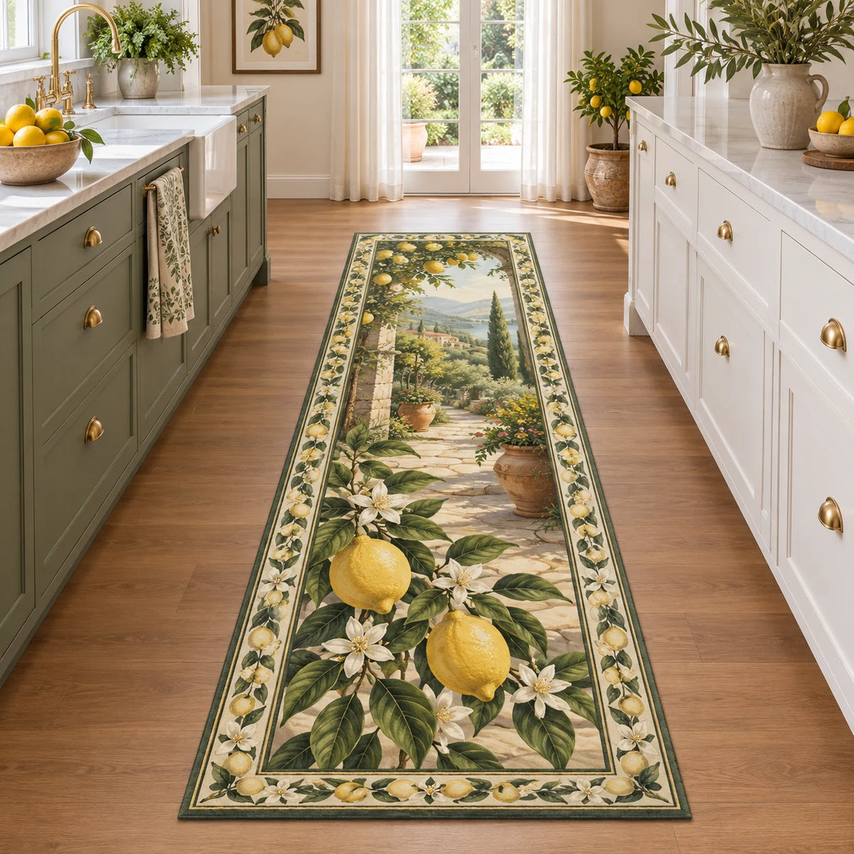 Lemon Orchard Runner Rug with dimensional printed artwork in a coordinated home setting