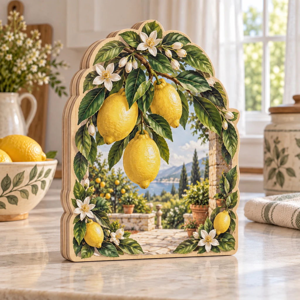 Lemon Orchard Wooden Block 3 Layer with dimensional printed artwork in a coordinated home setting