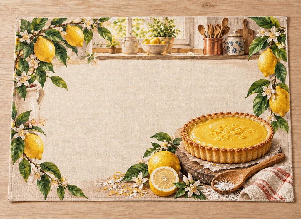 Lemon Tart Kitchen Placemat with flat printed dimensional bakery artwork