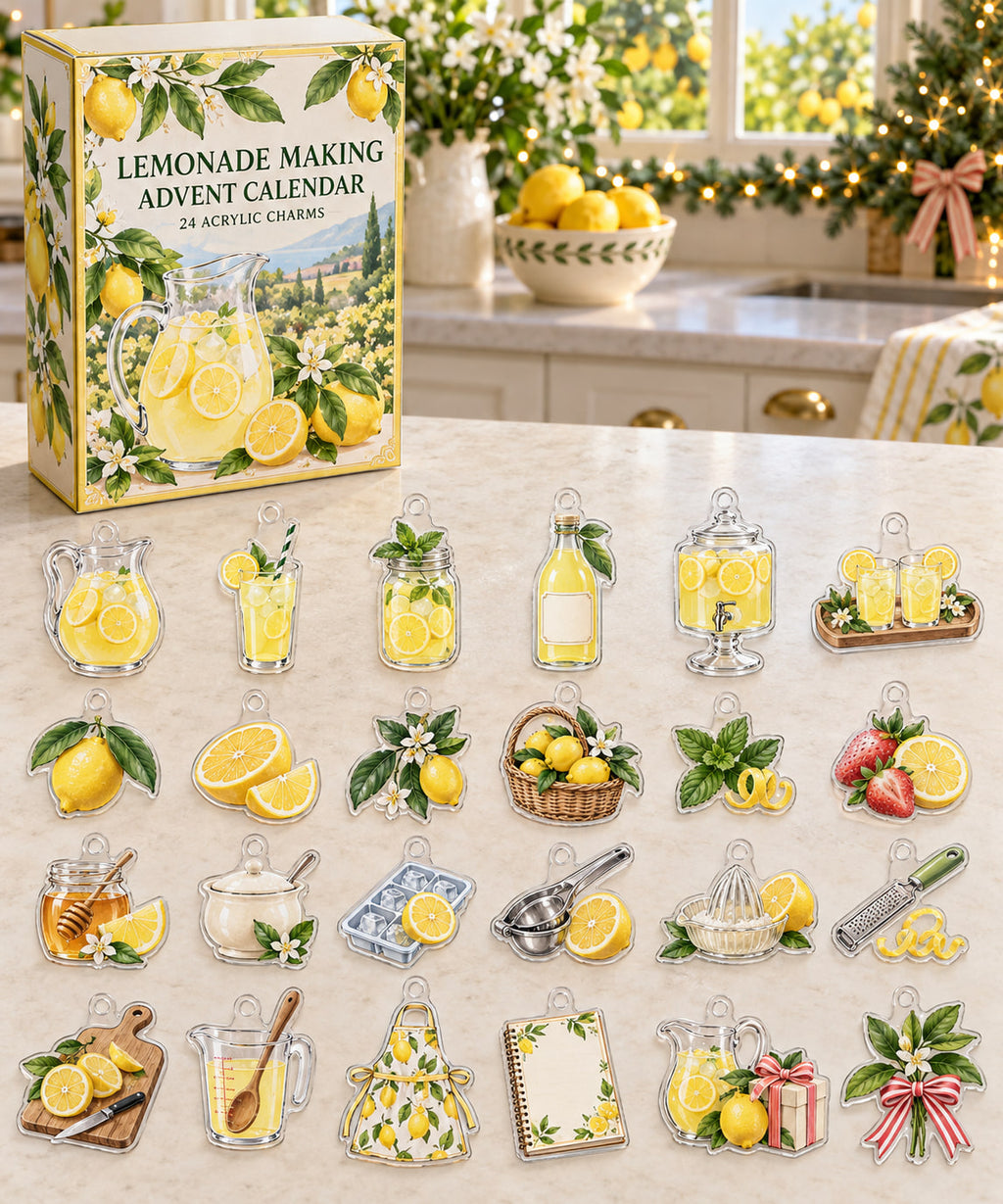 Lemonade Making advent calendar with 24 custom-shaped flat acrylic charms and printed dimensional artwork