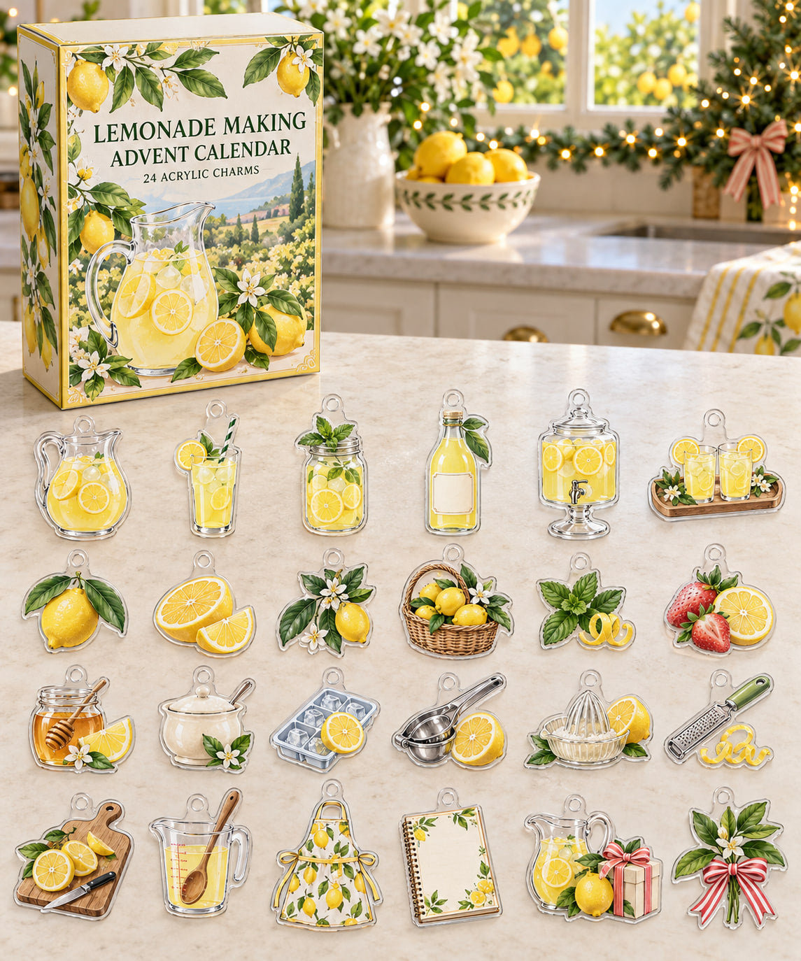 Lemonade Making advent calendar with 24 custom-shaped flat acrylic charms and printed dimensional artwork
