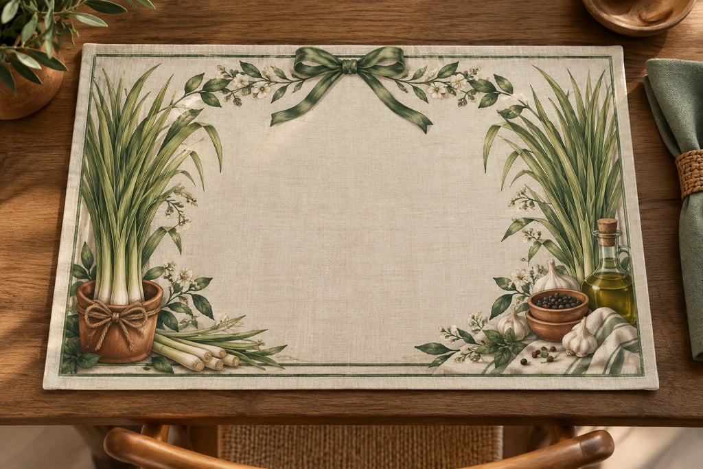 Lemongrass Holiday Kitchen Placemat with printed dimensional artwork