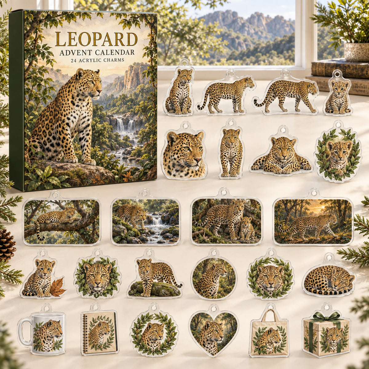 Leopard advent calendar box with 24 themed flat printed acrylic charms