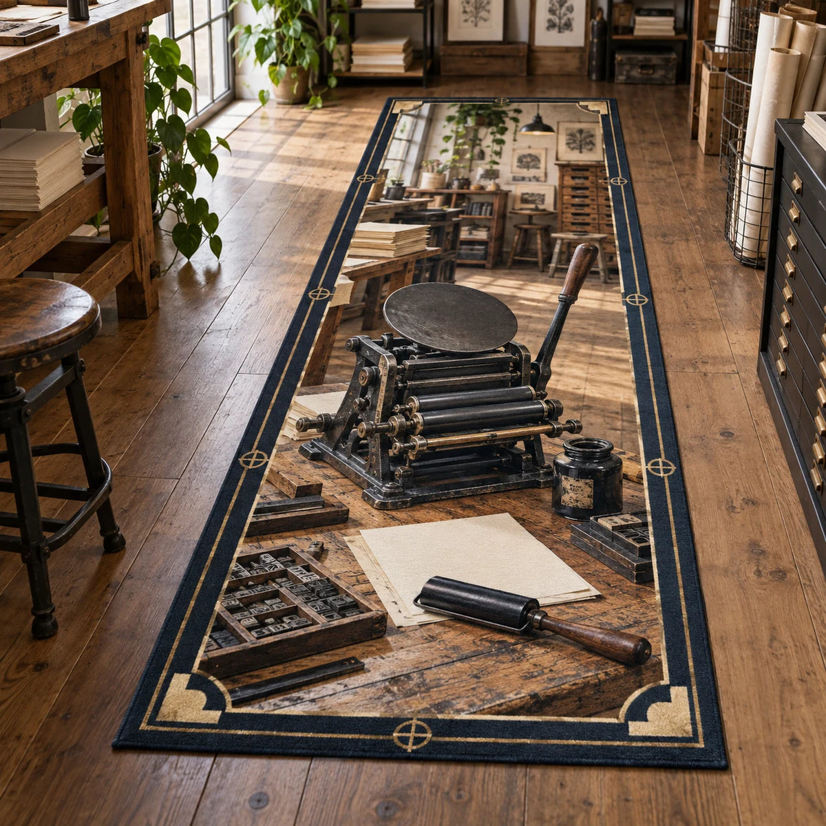 Letterpress Printing printed 3D runner rug with coordinated border and hobby setting