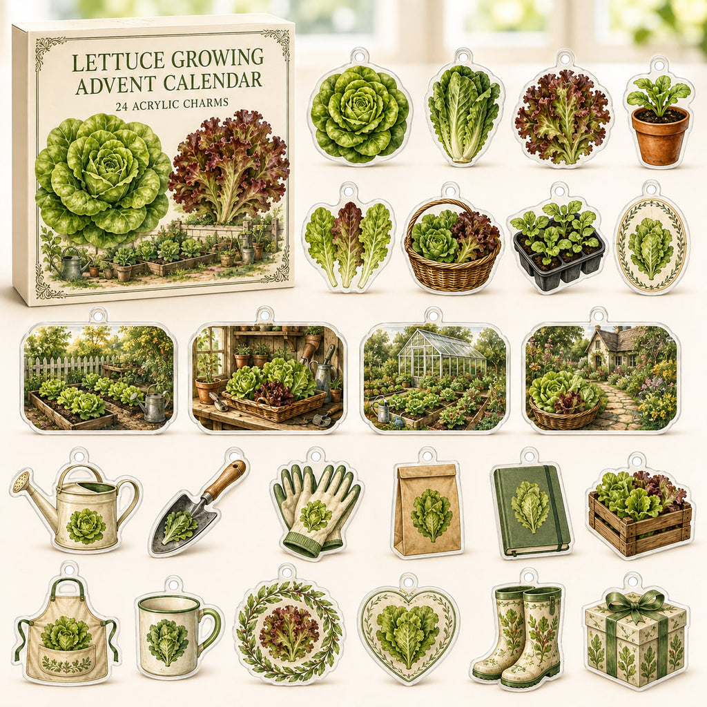 Lettuce Growing advent calendar box with 24 themed printed acrylic charms