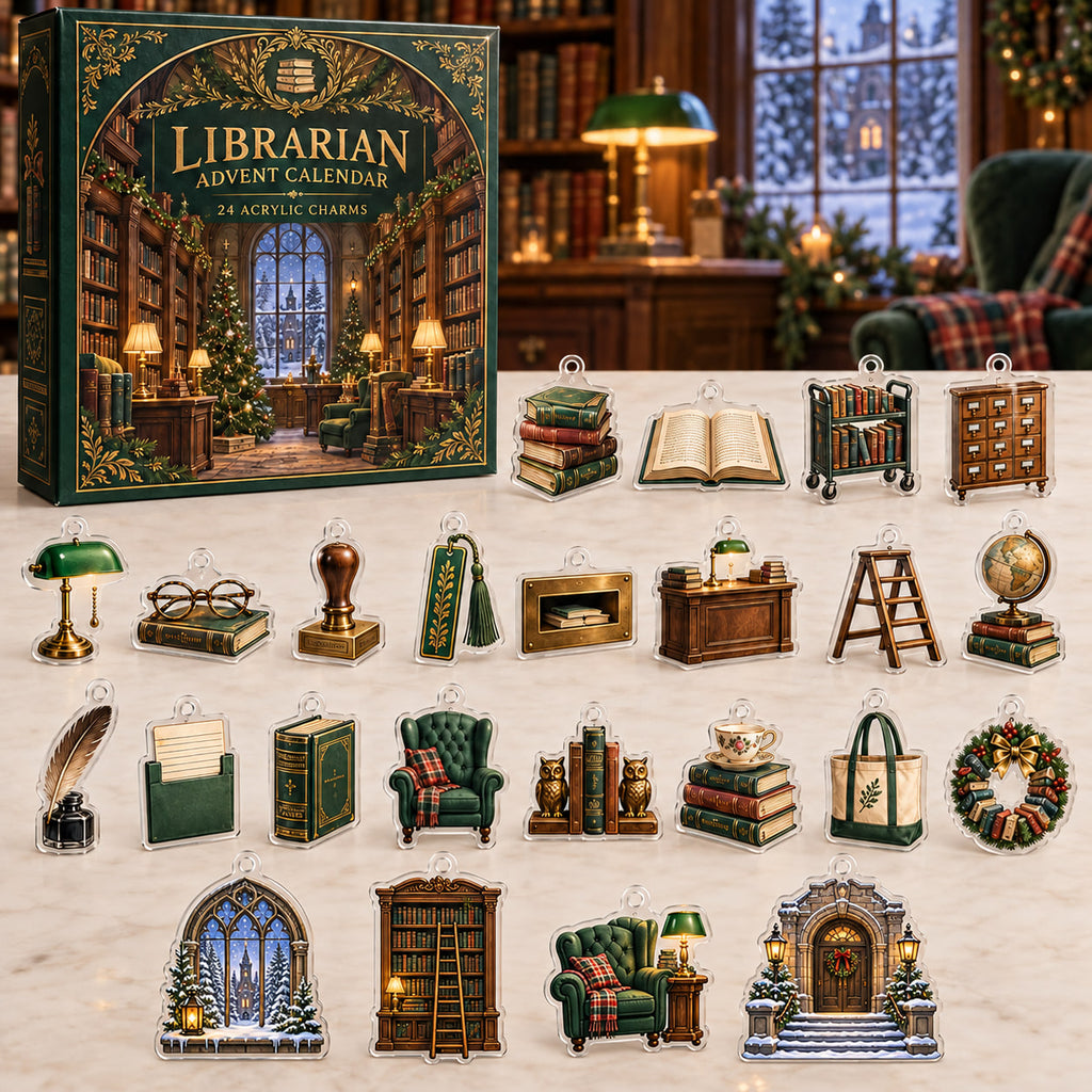 Librarian advent calendar mockup with 24 flat printed acrylic charms and a winter library backdrop