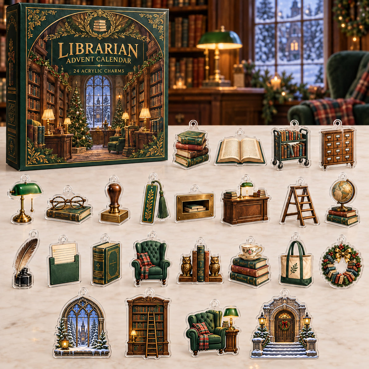 Librarian advent calendar mockup with 24 flat printed acrylic charms and a winter library backdrop