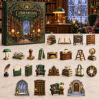 Librarian advent calendar mockup with 24 flat printed acrylic charms and a winter library backdrop