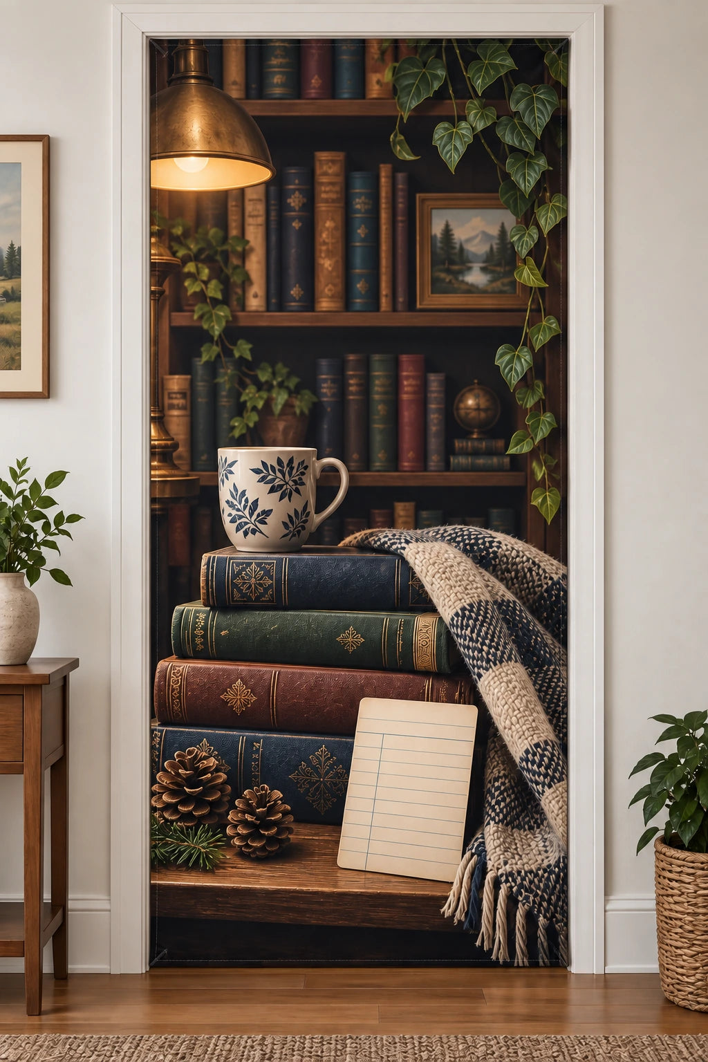 Library Lover Cabin Chapter Fabric Door Cover with printed dimensional artwork