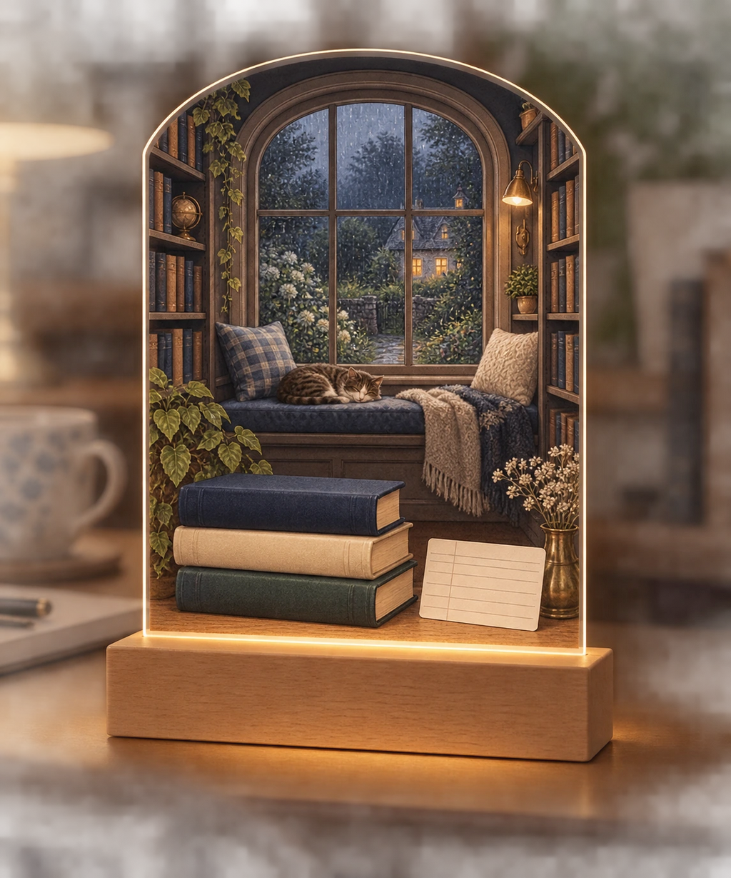Library Window Seat Acrylic Night Light with flat printed books and rainy window-seat scene