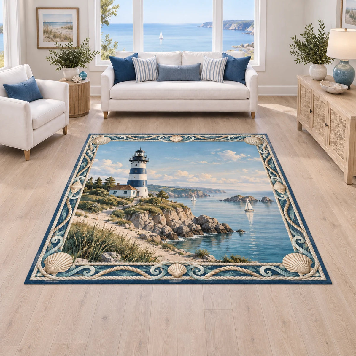 Navy and white lighthouse on a rocky calm harbor printed on a area rug in a pale coastal room.