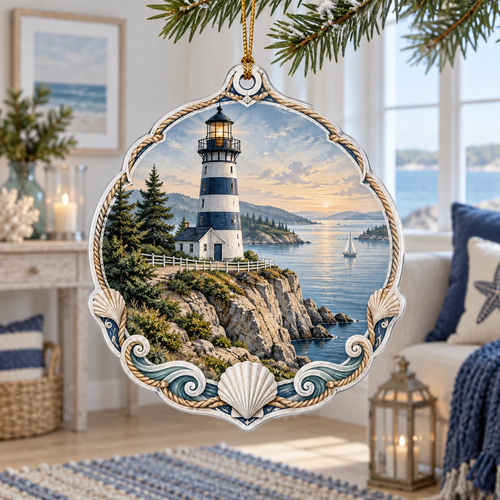 Navy and white lighthouse on a rocky calm harbor printed on a christmas ornament in a pale coastal room.