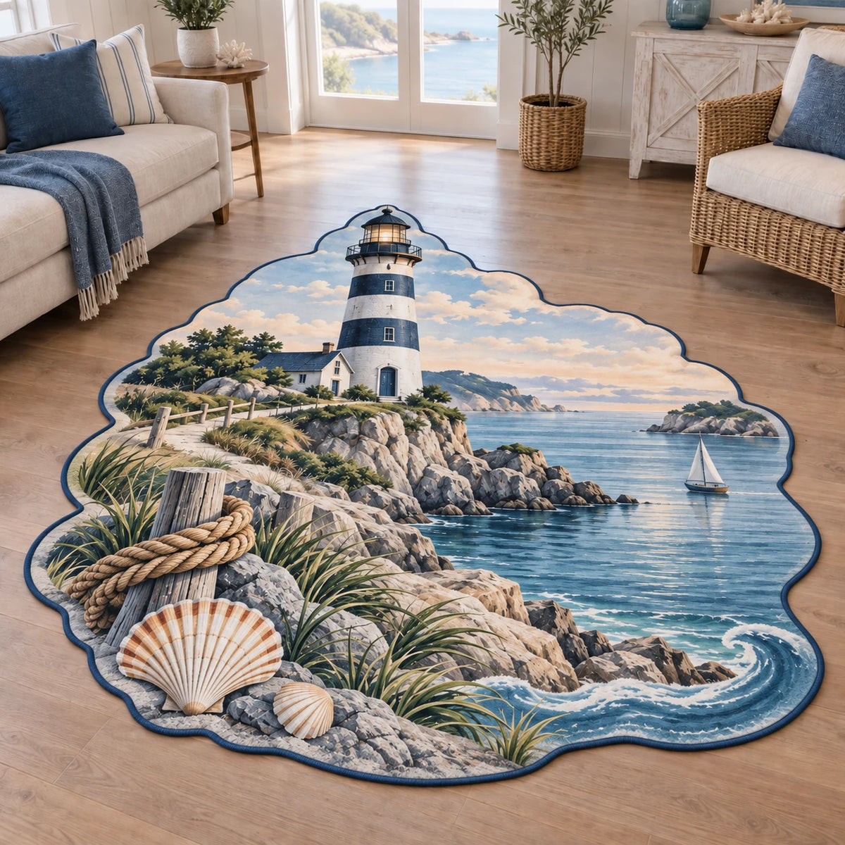 Navy and white lighthouse on a rocky calm harbor printed on a custom shape area rug in a pale coastal room.
