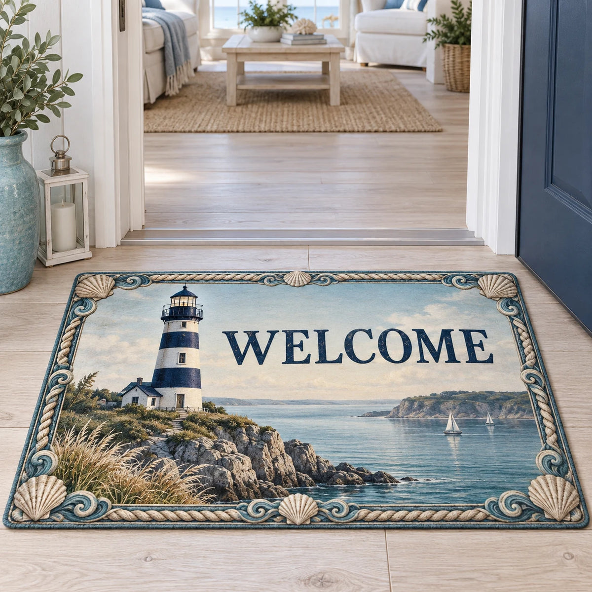 Navy and white lighthouse on a rocky calm harbor printed on a doormat in a pale coastal room.